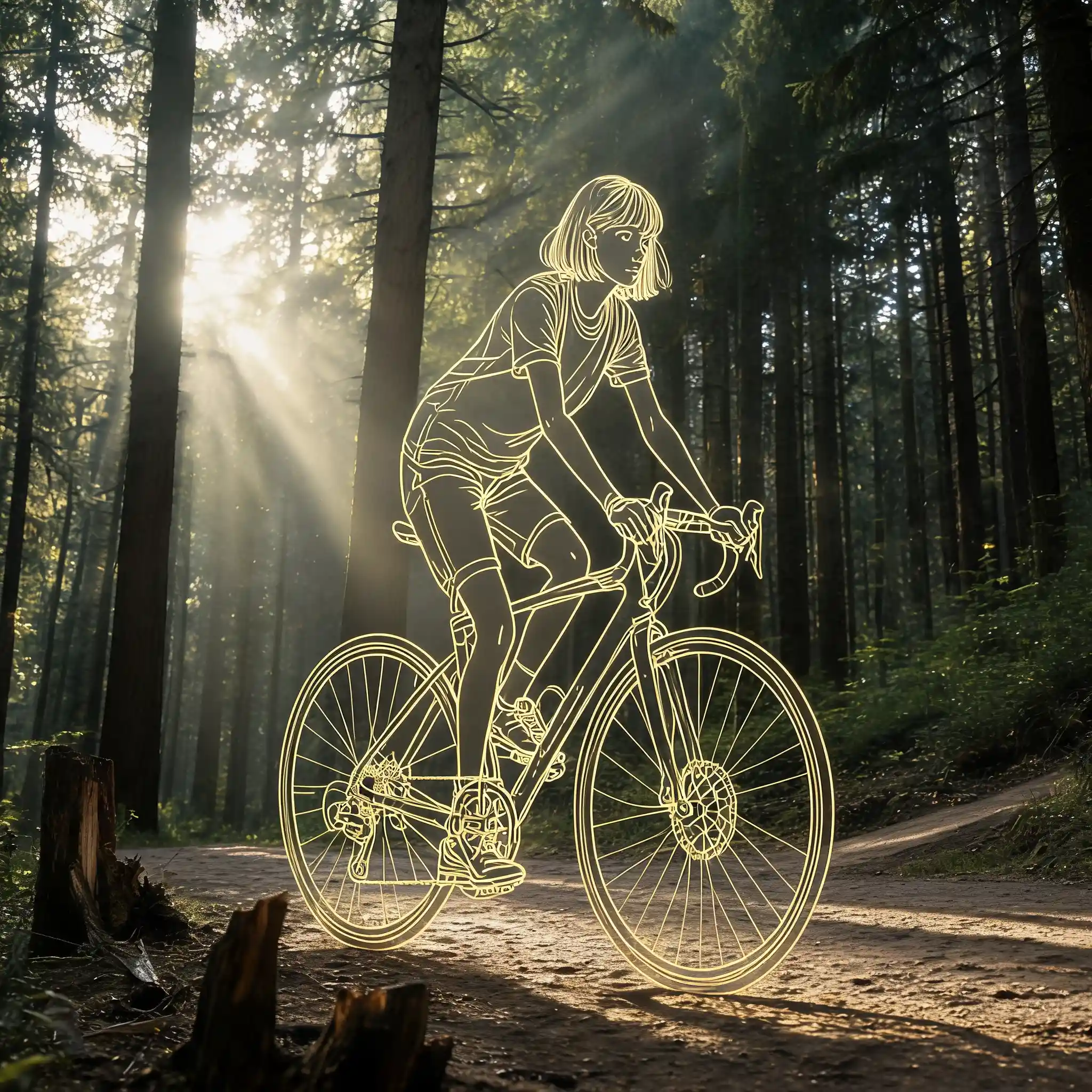 Una chica recorre en bicicleta, en estilo de arte lineal, un soleado sendero del bosque