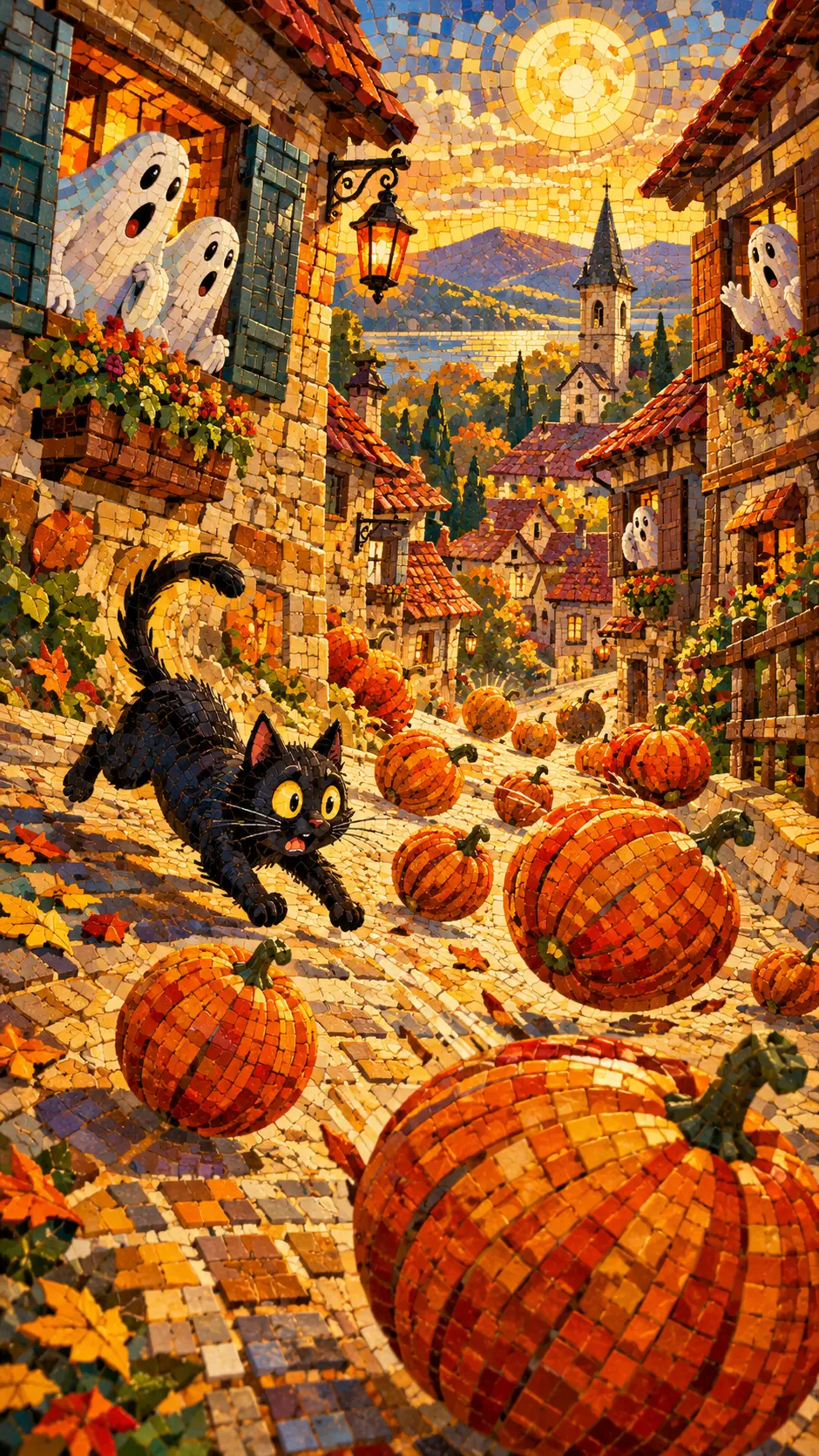 Un gato negro persigue calabazas rodantes por un pintoresco pueblo