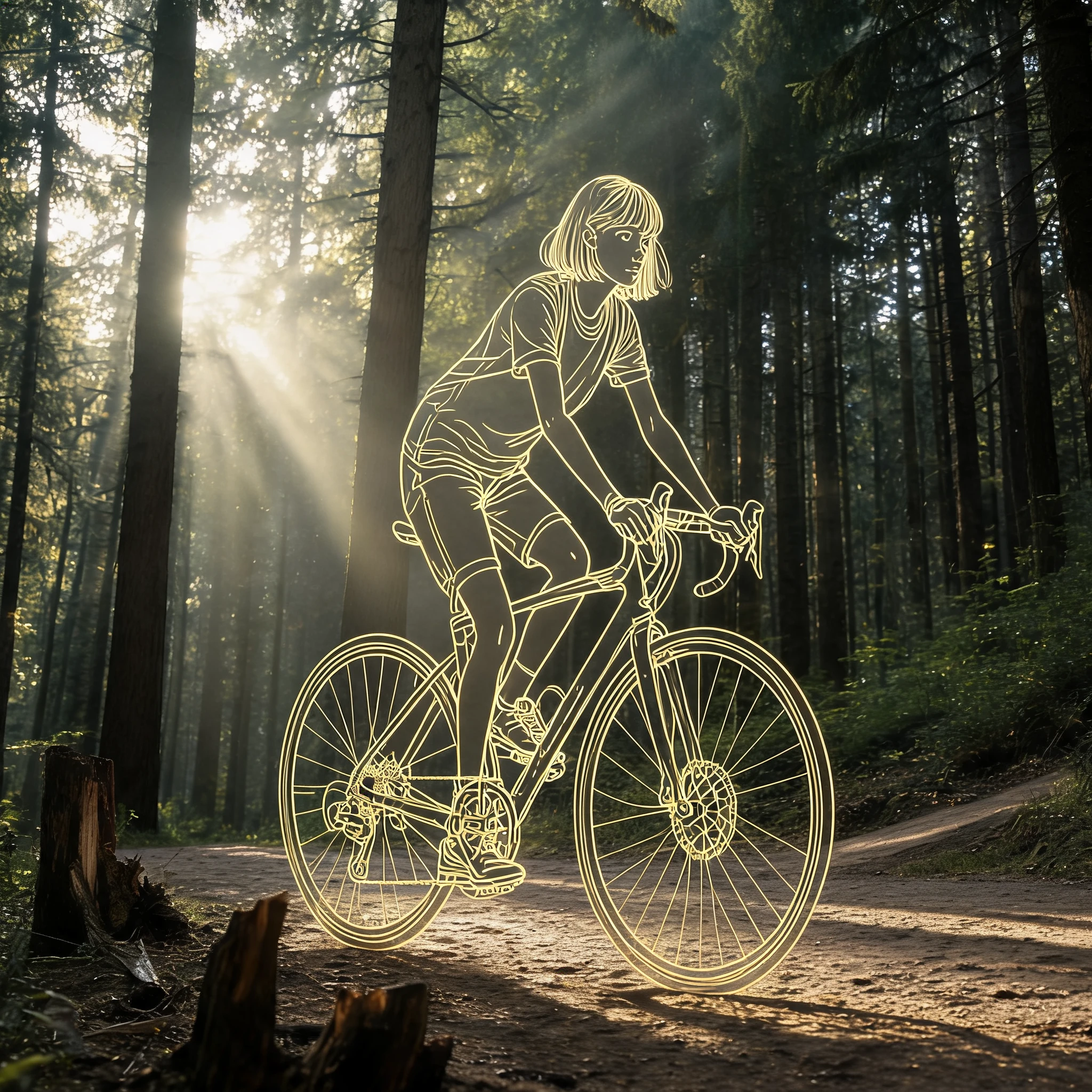 Una chica recorre en bicicleta, en estilo de arte lineal, un soleado sendero del bosque