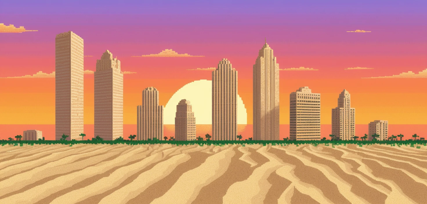 Grattacieli in pixel art fatti di sabbia accanto a un tramonto agrumato