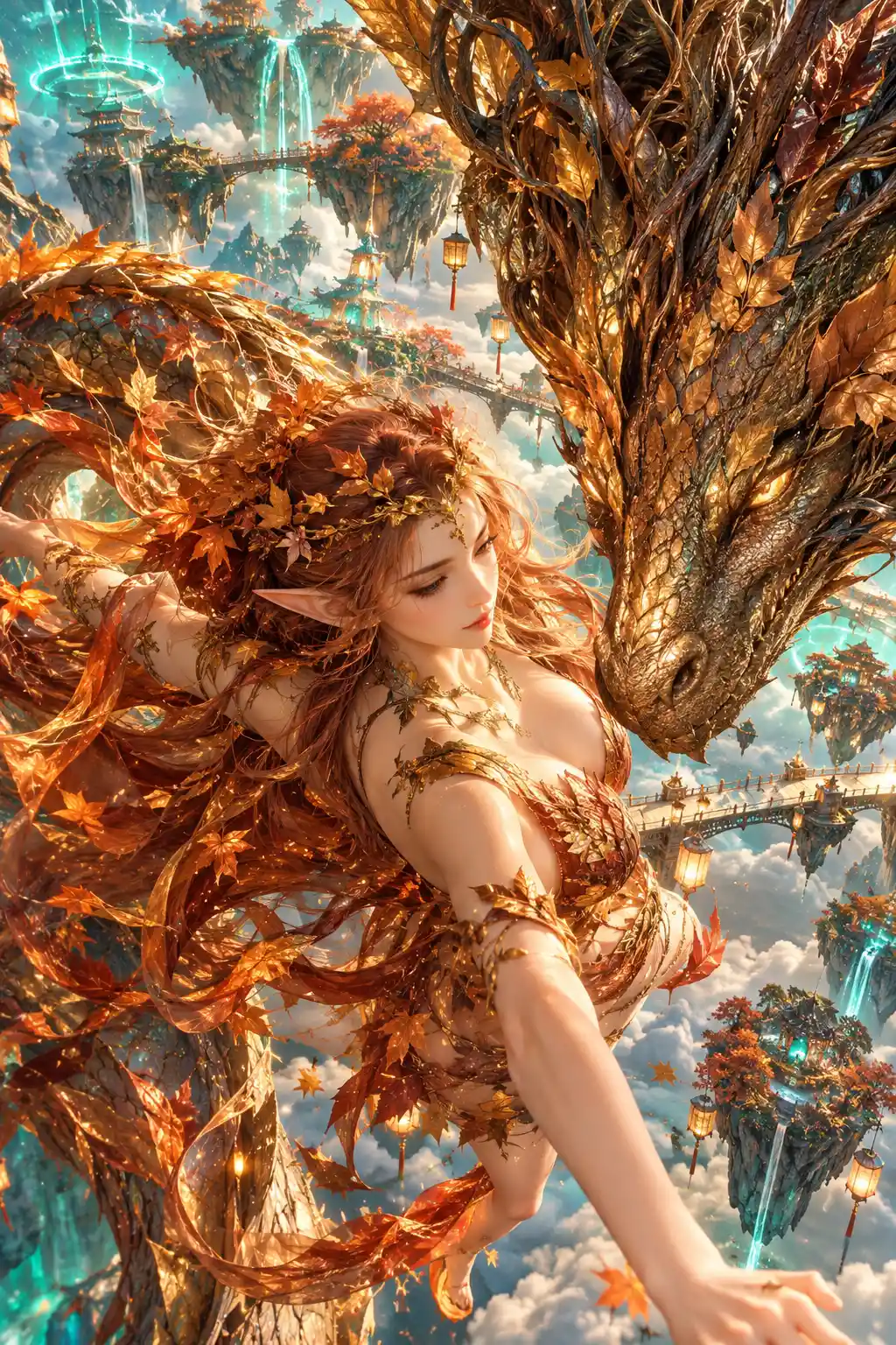 Una bailarina elfa tejida con hojas se entrelaza con un dragón ancestral