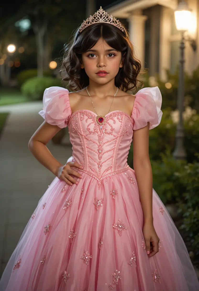 Um menino constrangido usa um vestido rosa de princesa ao ar livre no Halloween