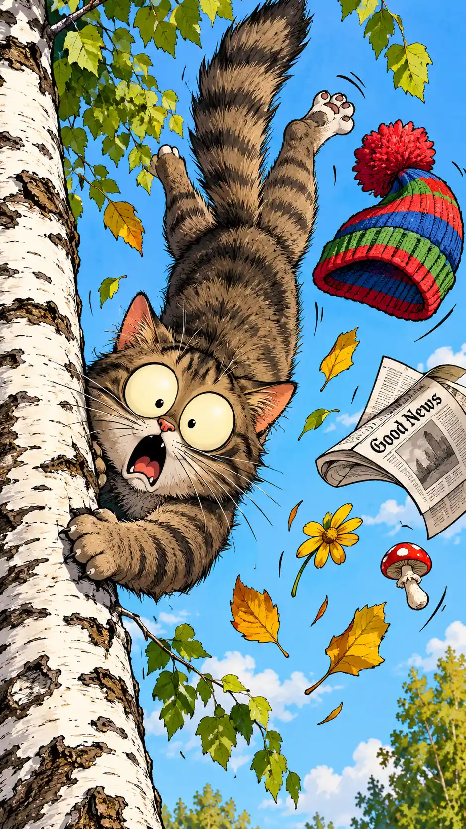 Un gato atigrado con los ojos muy abiertos se aferra a un abedul en el aire