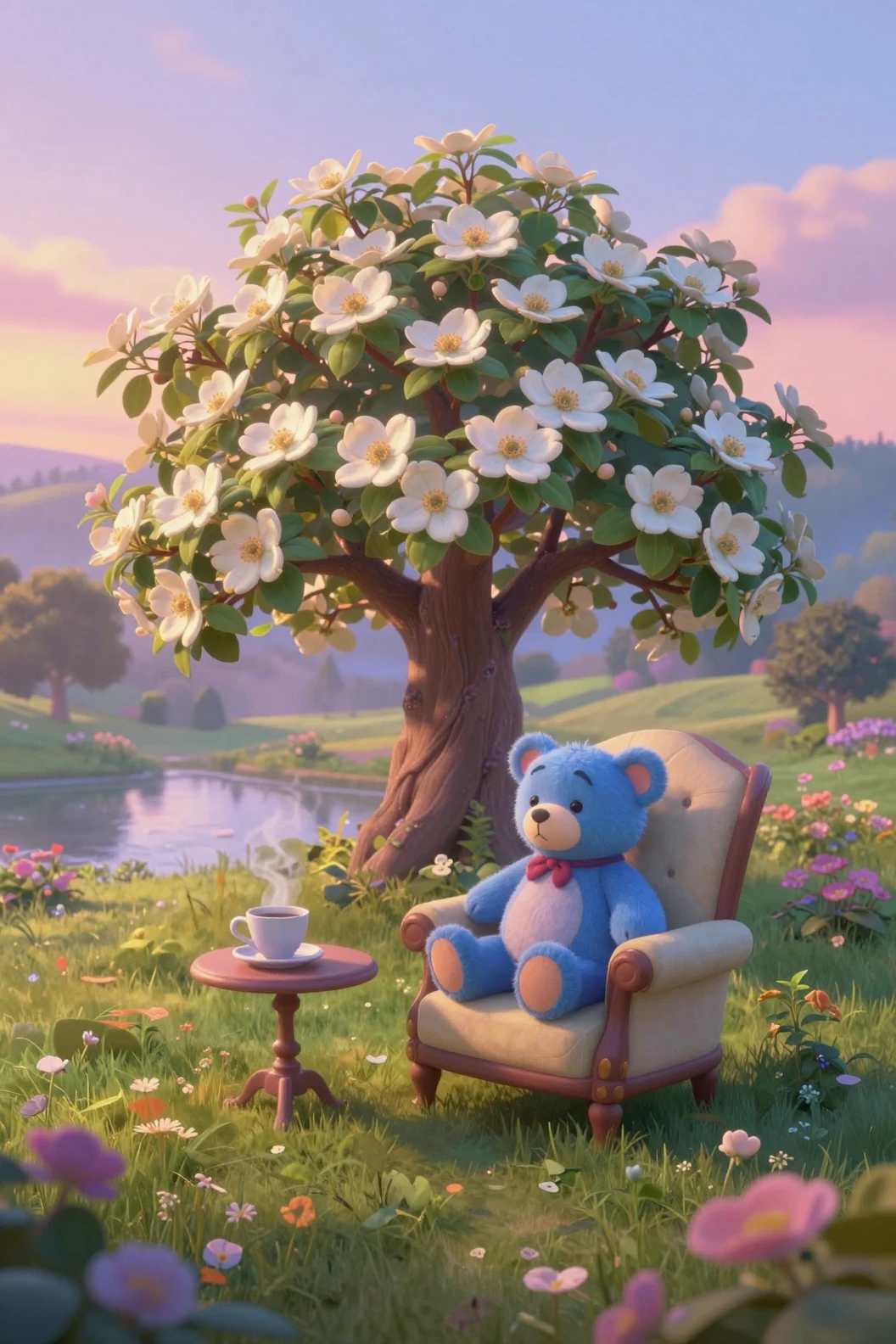 A flowering dogwood tree anchors a serene garden at dawn