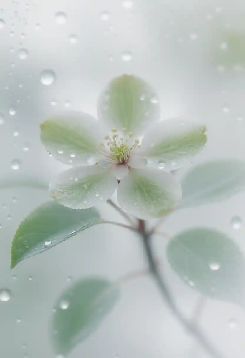 A sakura bloom behind rain-dappled frosted glass in soft natural light