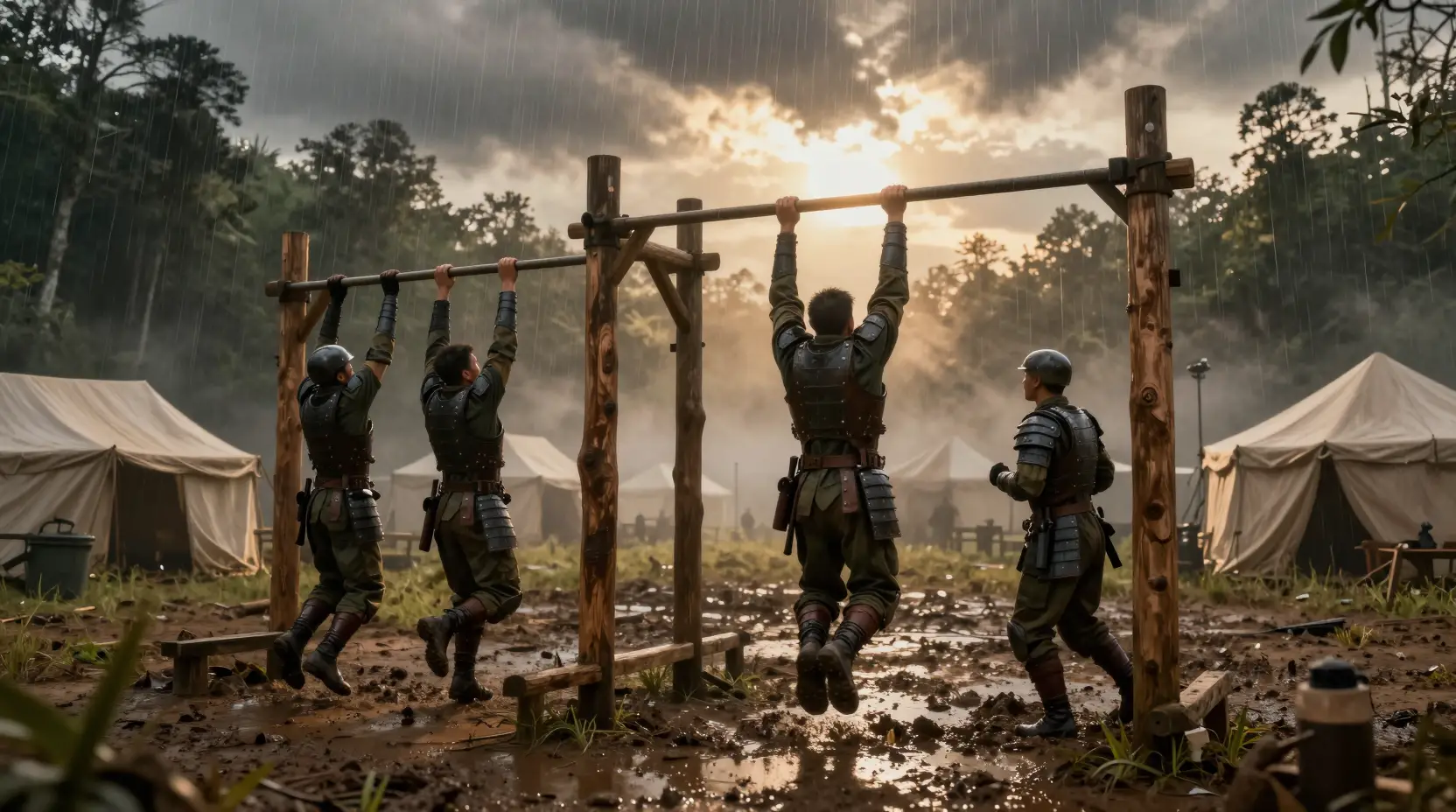 Soldados blindados treinam em um acampamento na floresta tropical sob nuvens de tempestade que se abrem ao amanhecer