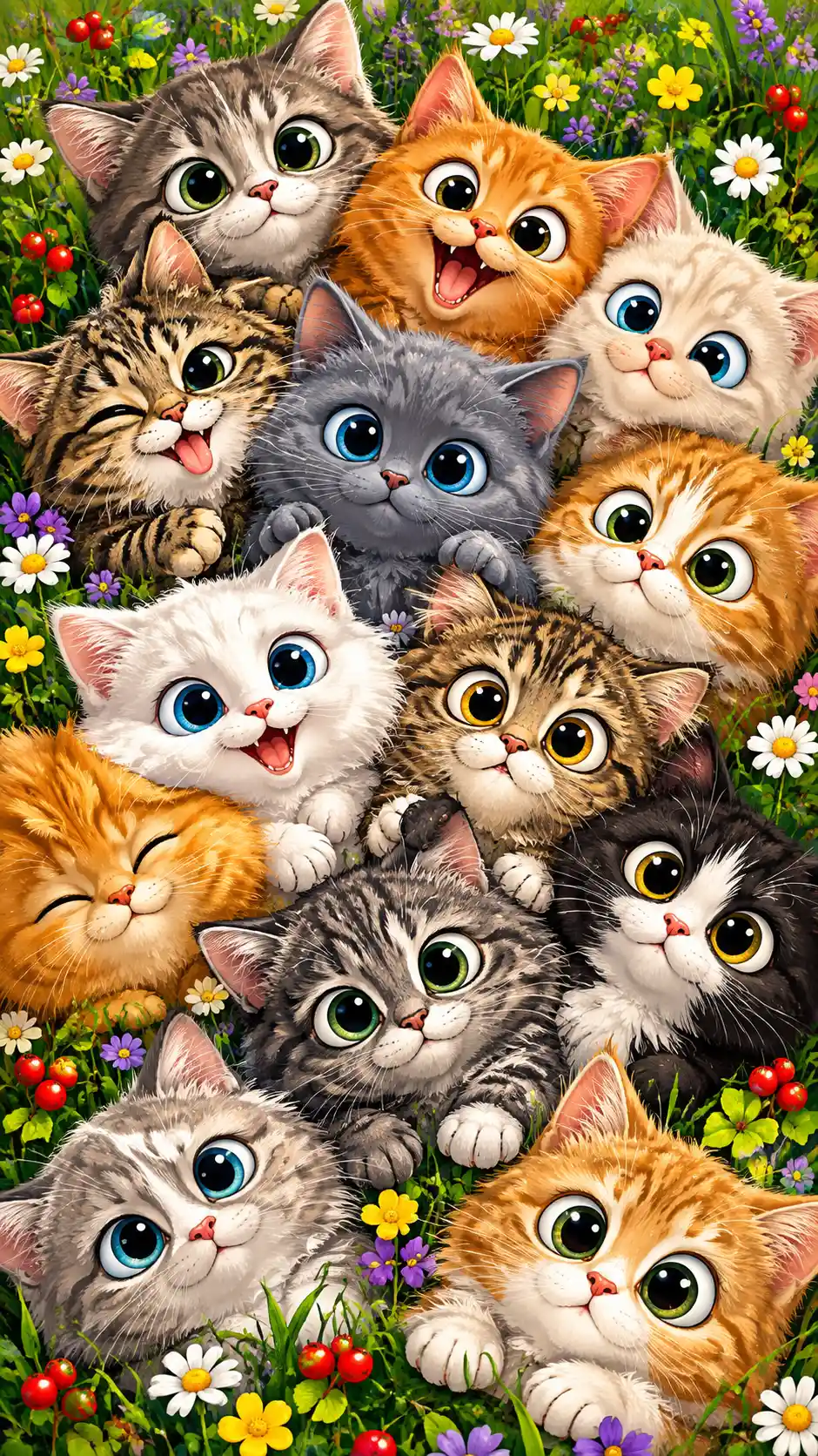 A crowd of wide-eyed kittens gathered across a flower-filled meadow