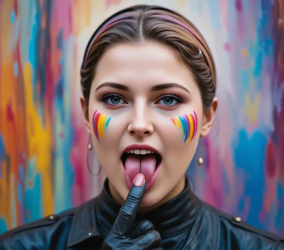 Une femme se lèche les lèvres scintillantes sous un maquillage arc-en-ciel