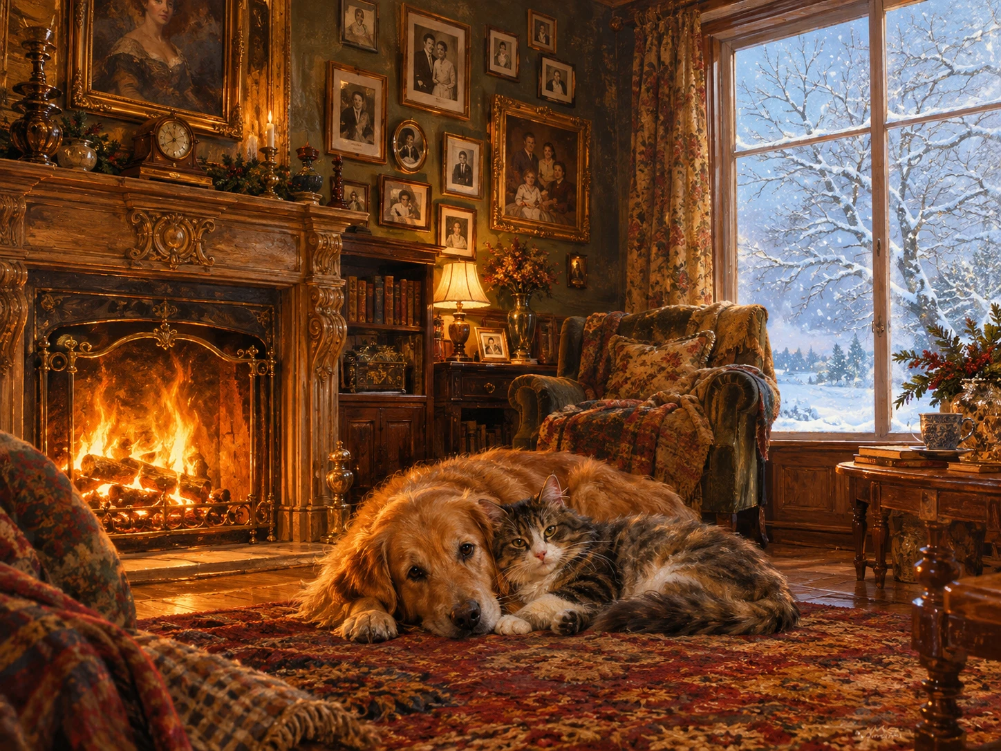Cat and dog cuddle beside a fireplace in a nostalgic living room