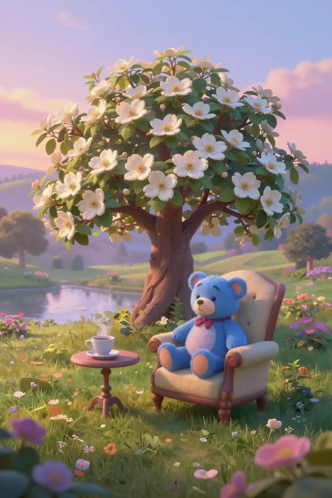 A flowering dogwood tree anchors a serene garden at dawn