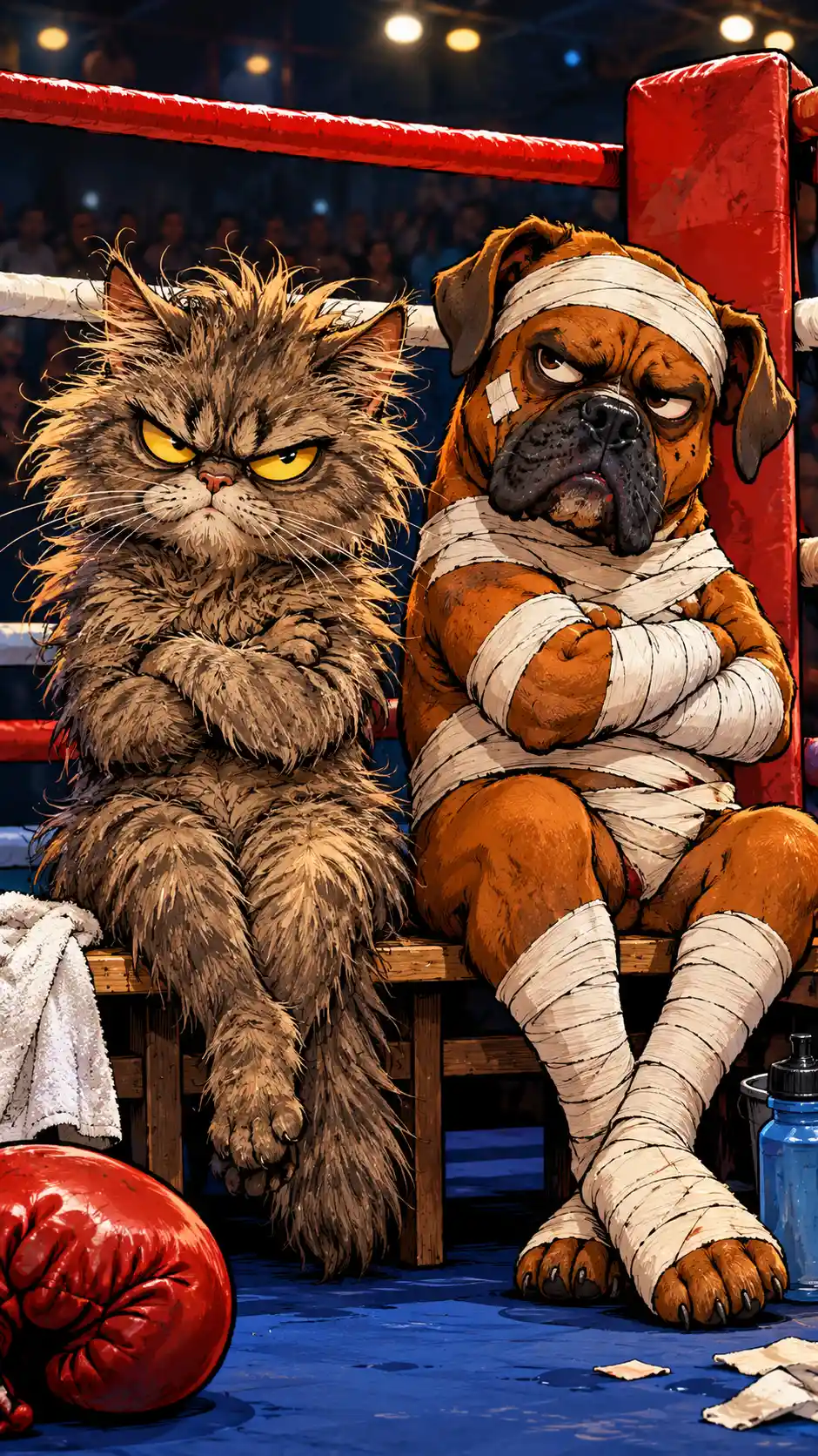 Grumpy cat and bandaged dog sit ringside after a boxing match