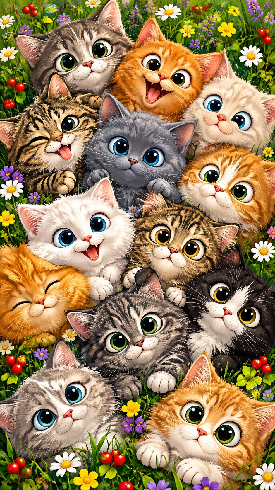 A crowd of wide-eyed kittens gathered across a flower-filled meadow