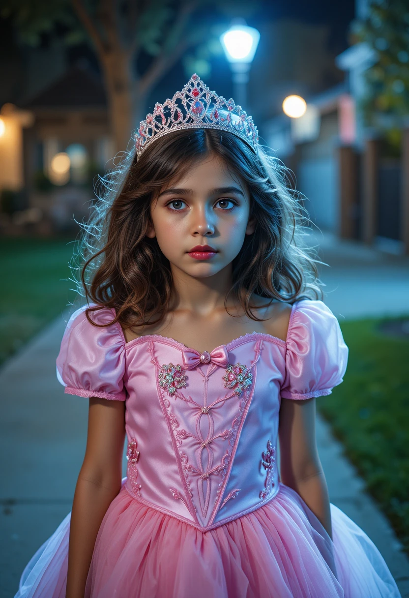Un niño nervioso lleva un vestido rosa de princesa al aire libre la noche de Halloween