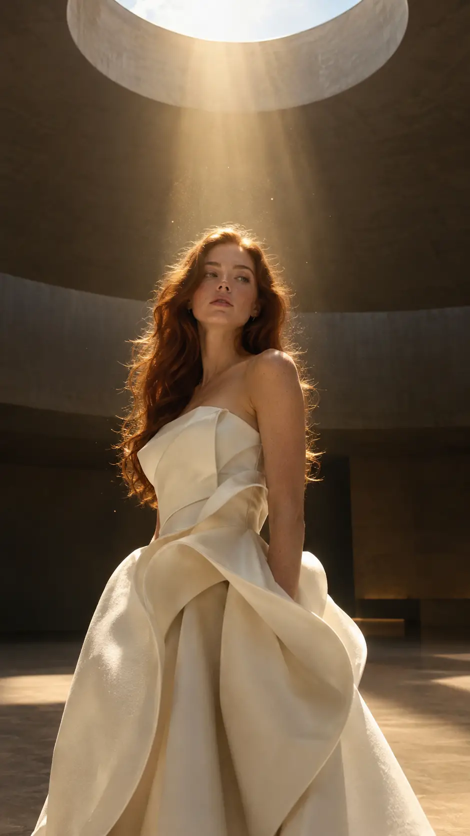 Retrato de moda de una mujer con vestido marfil bajo un tragaluz circular