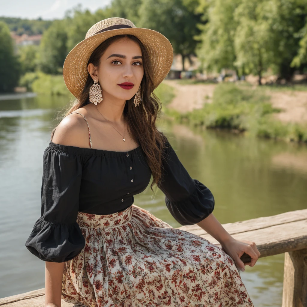 A Turkish woman sits on a bench overlooking a river