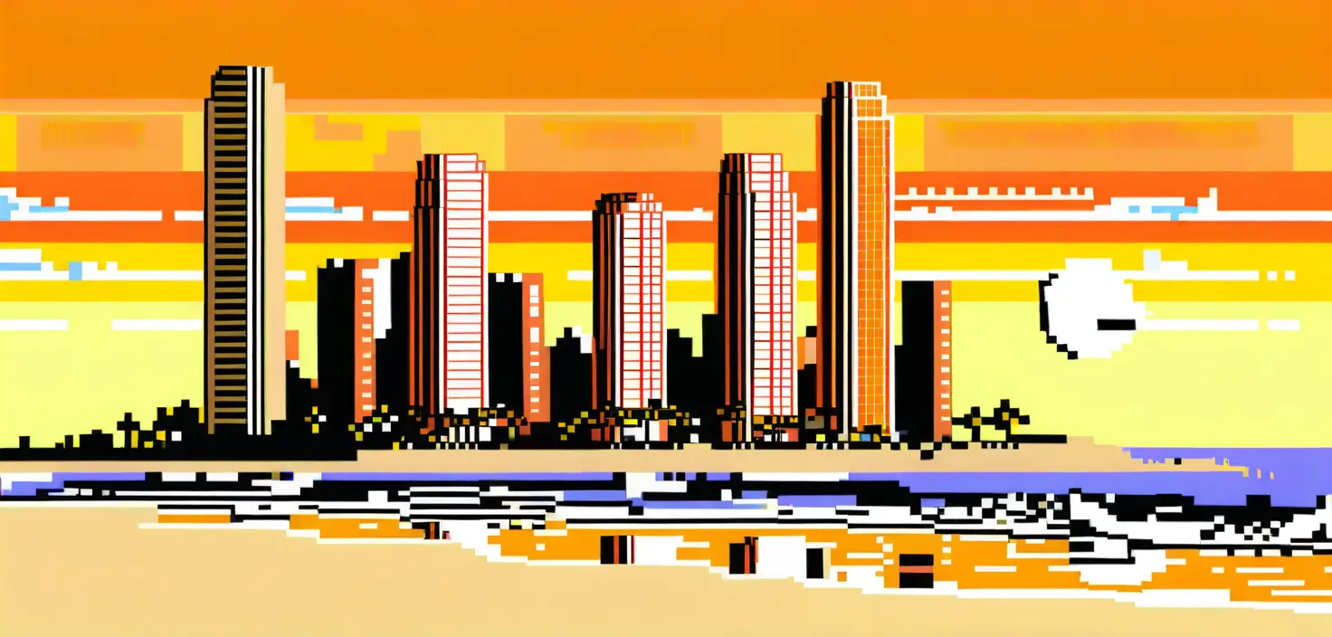 Pixel art skyscrapers made of sand stand beside a citrus sunset