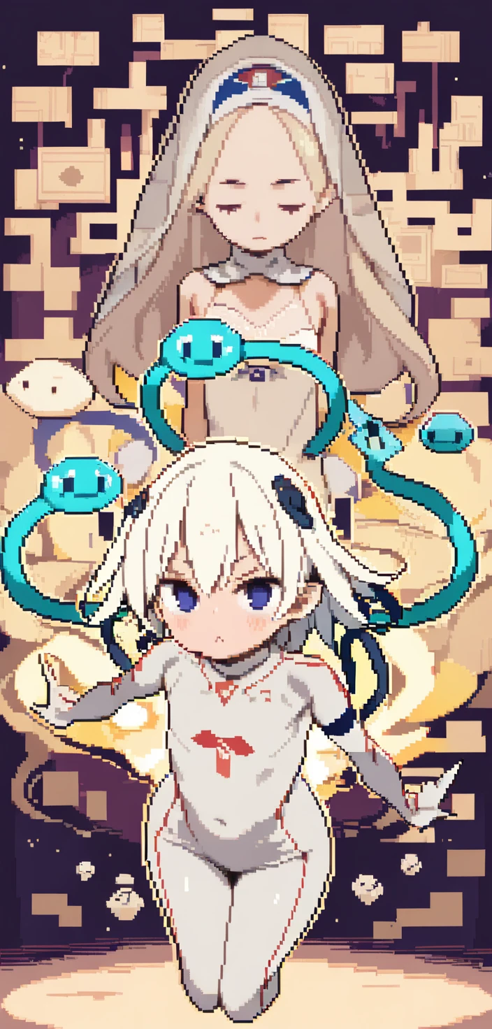 Ein Mädchen in Pixel-Art mit beigem Bodysuit hinter einem beigen Schleier