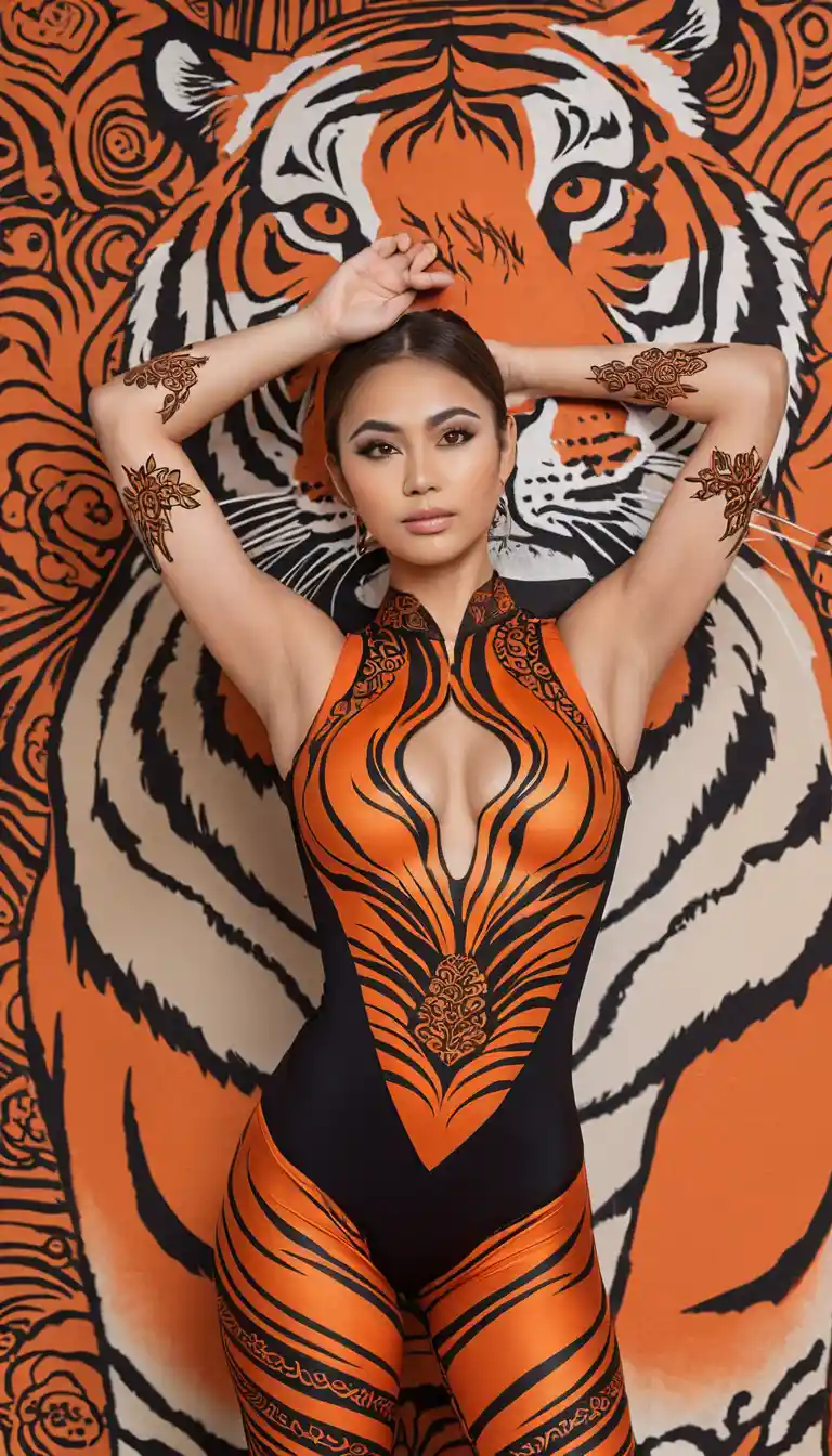 Una mujer posa con pintura corporal de rayas de tigre y elaborados diseños de henna