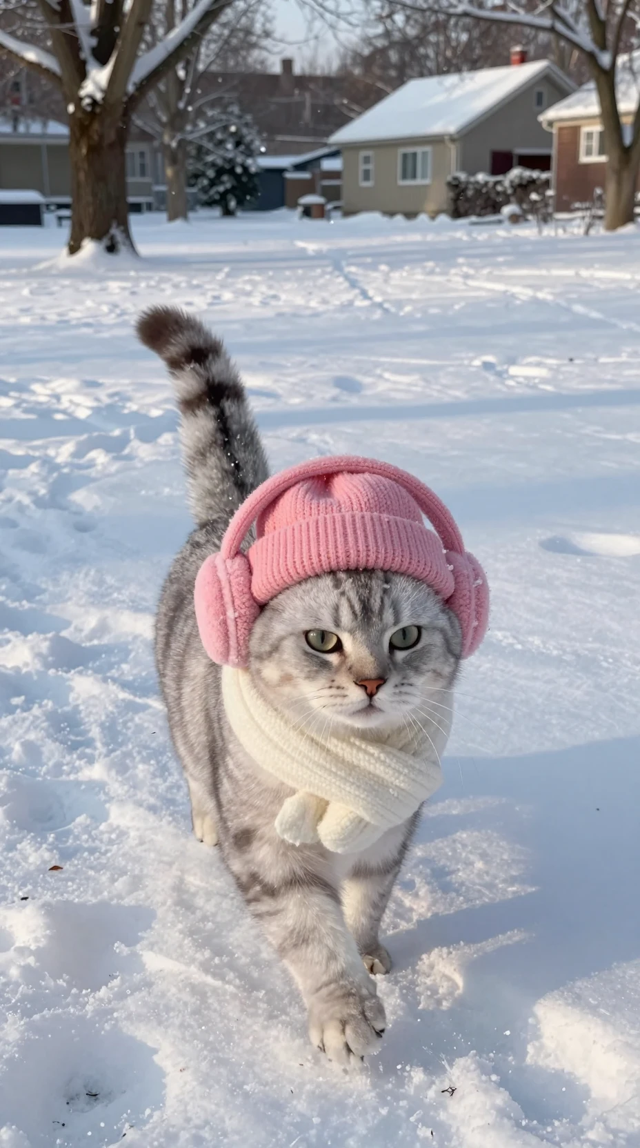 A cat runs through snow wearing a pink knit hat and scarf