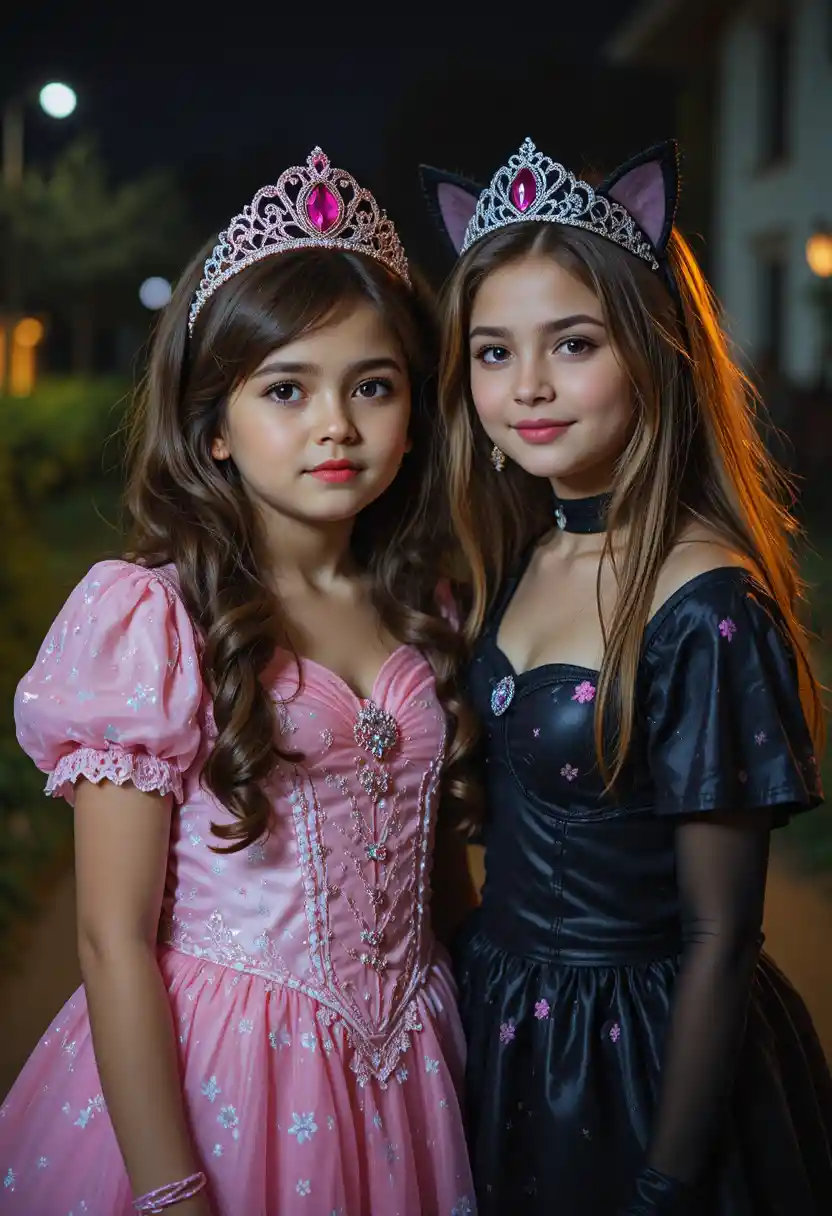 An embarrassed Hispanic boy wears a princess dress beside his sister at night
