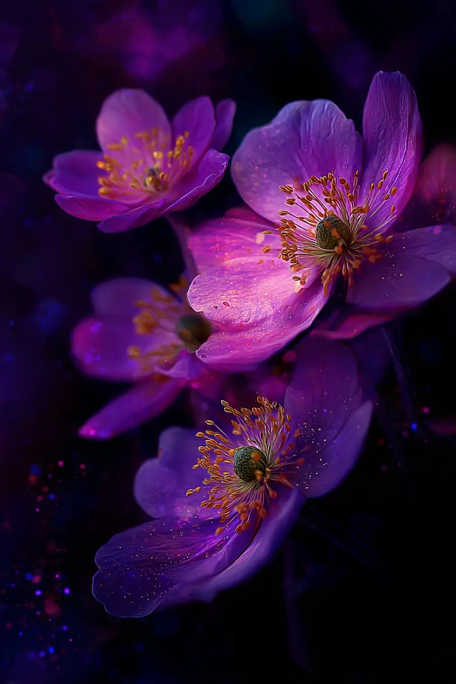 Pink and purple peonies glow with golden details in a fantasy artwork