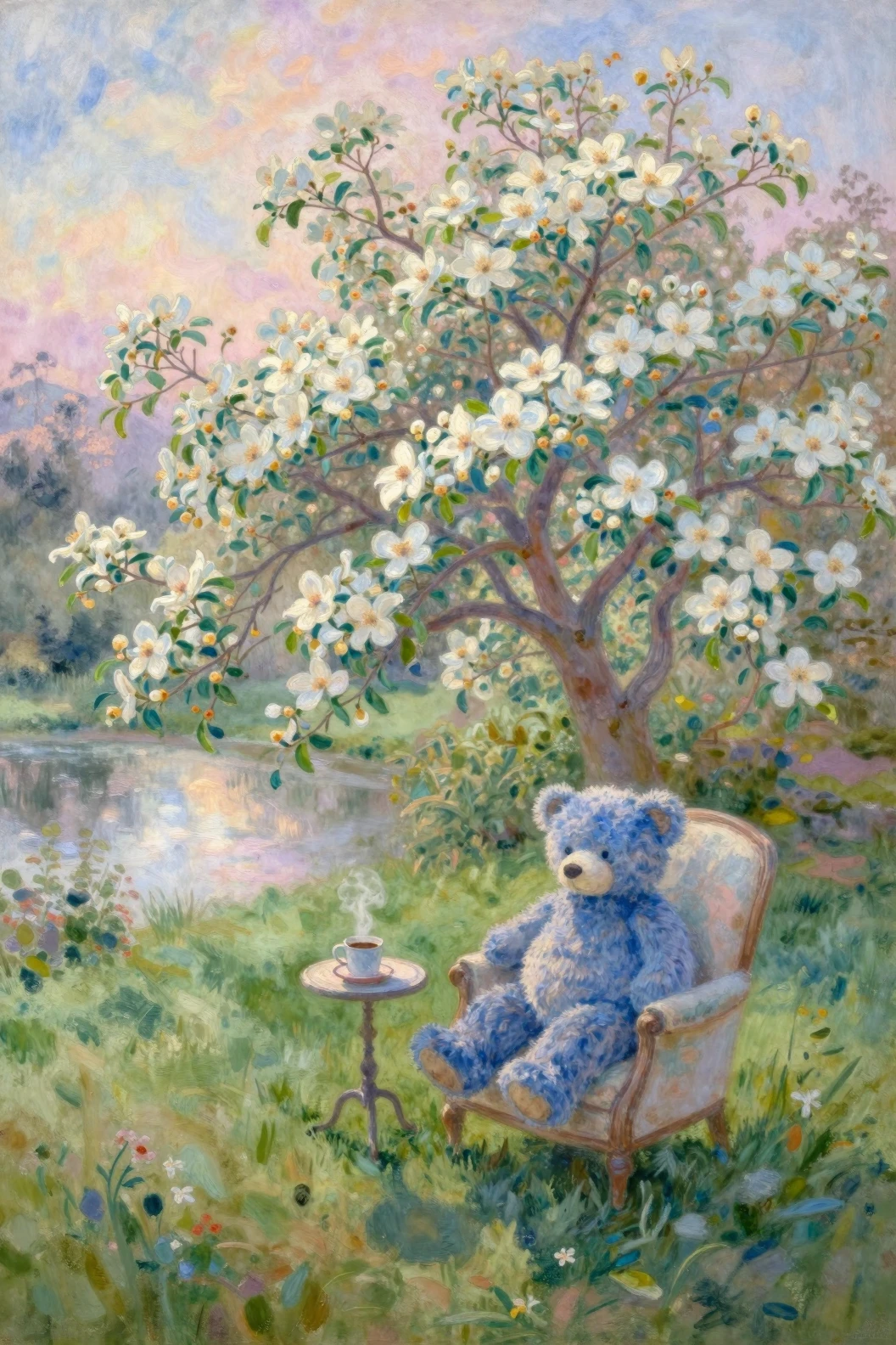 Un jardin impressionniste à l’aube avec un cornouiller en fleurs et un ours en peluche