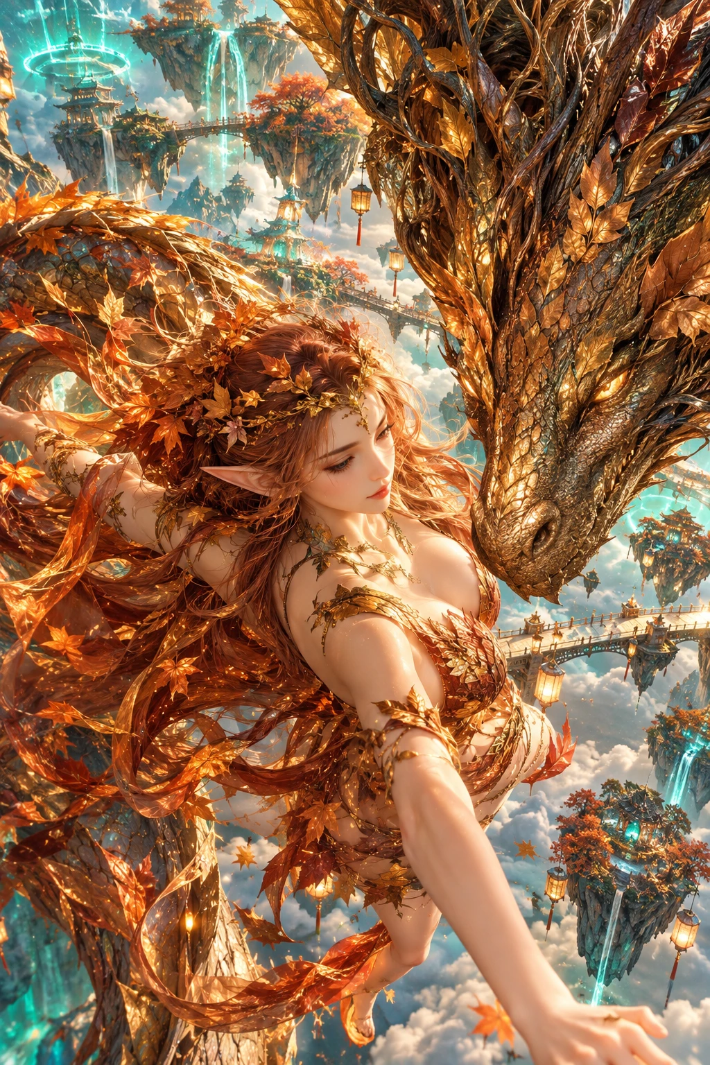 Una bailarina elfa tejida con hojas se entrelaza con un dragón ancestral