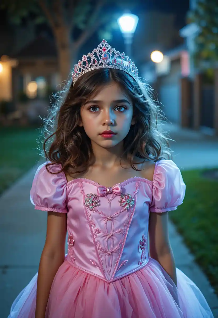 Un niño nervioso lleva un vestido rosa de princesa al aire libre la noche de Halloween