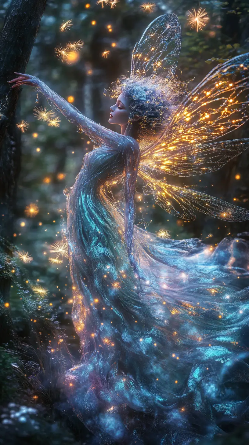 A woodland elf dances in a luminous ancient grove