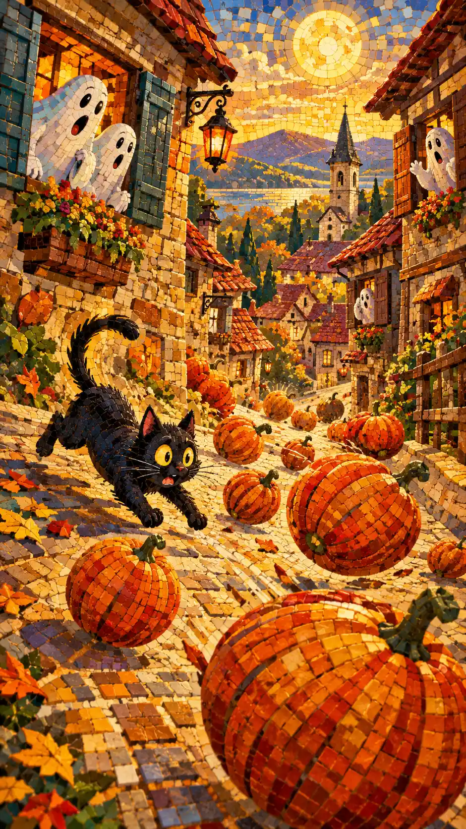Un gato negro persigue calabazas rodantes por un pintoresco pueblo