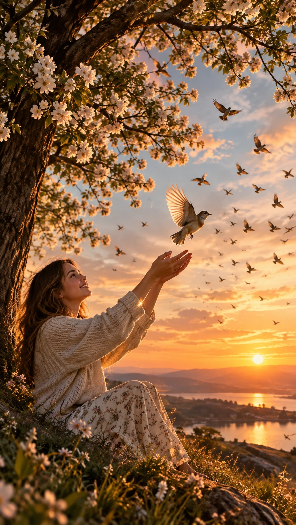 Una niña libera un pájaro rescatado bajo un árbol en flor al atardecer