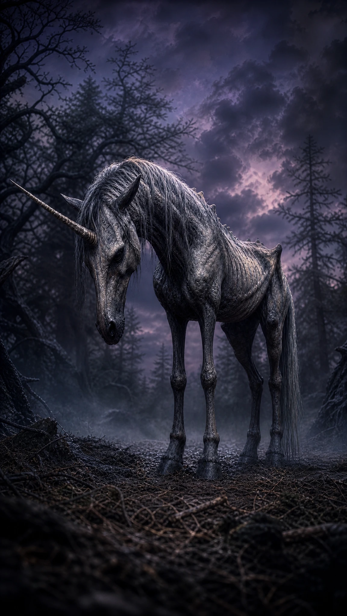 A gaunt unicorn with a cracked horn stands in a twilight forest clearing