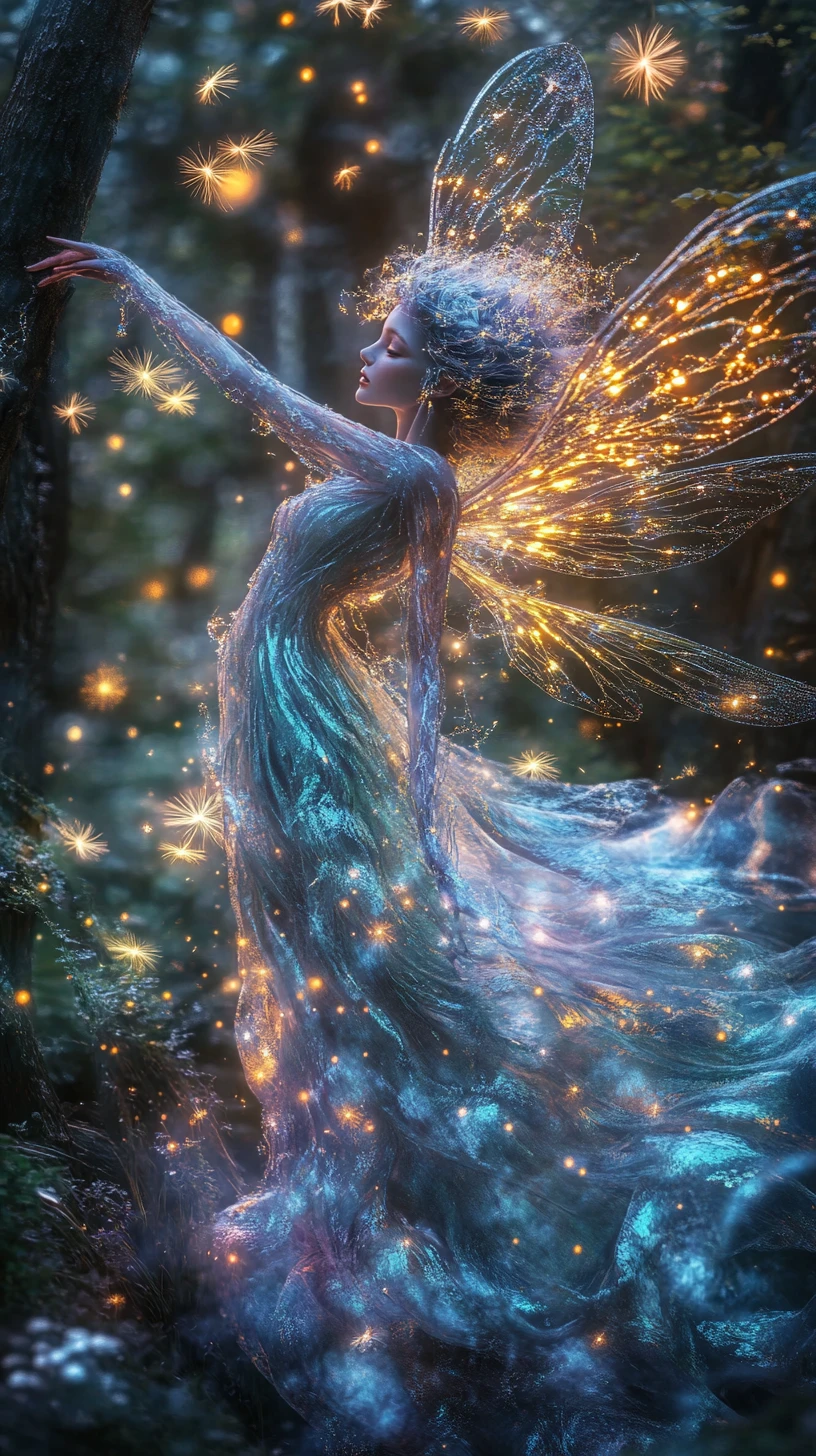 Una elfa del bosque baila en una antigua arboleda luminosa
