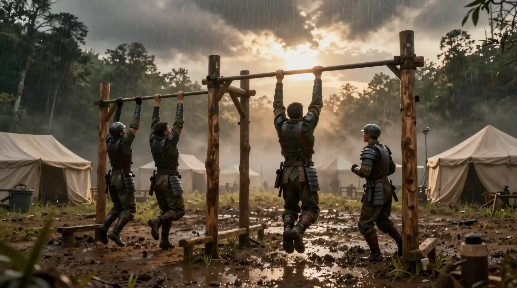 Soldados acorazados entrenan en un campamento de la selva bajo nubes de tormenta que se disipan al amanecer