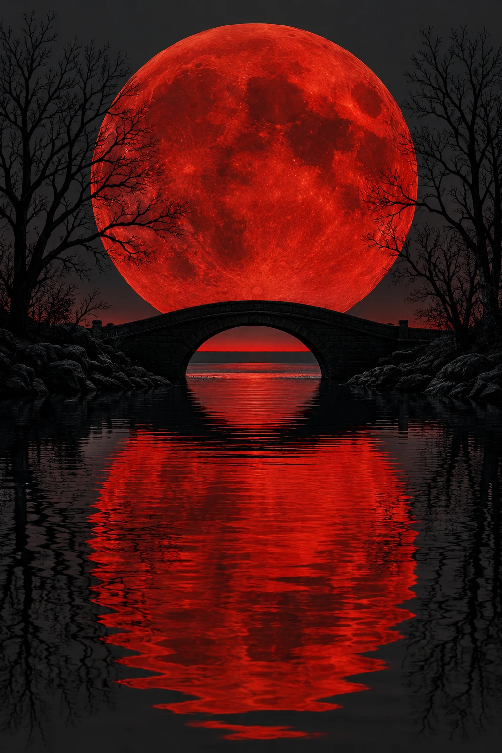 Ein riesiger purpurroter Mond spiegelt sich hinter einer dunklen Brücke im Wasser