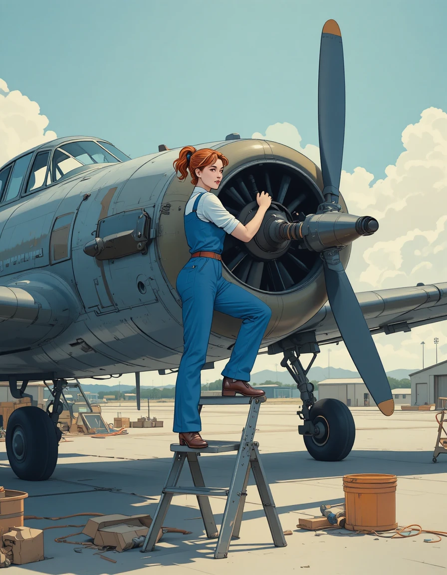 A woman mechanic works on a propliner engine from a stepladder