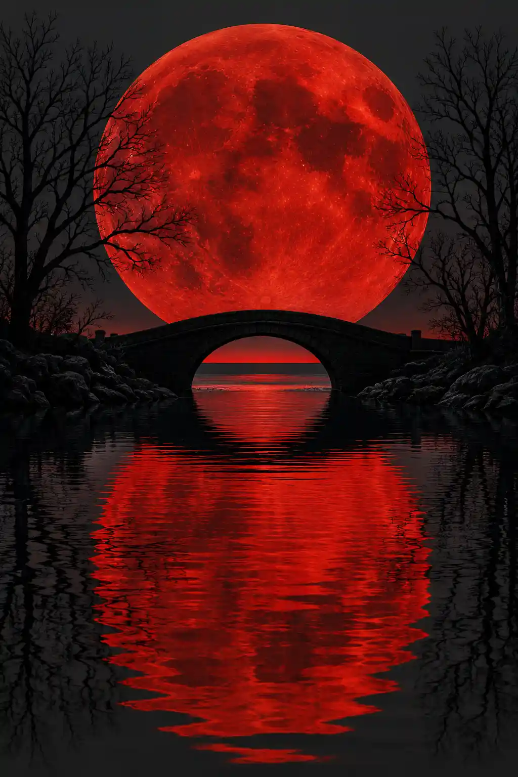 A giant crimson moon reflects across water behind a dark bridge