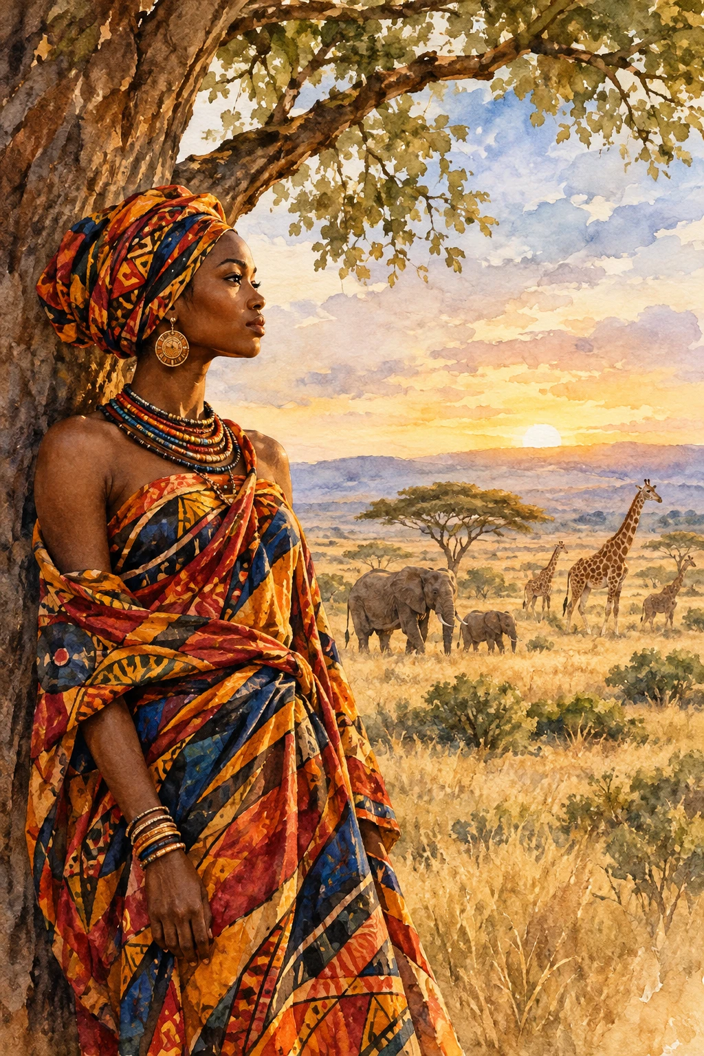 Retrato en acuarela de una mujer africana junto a un árbol en la sabana