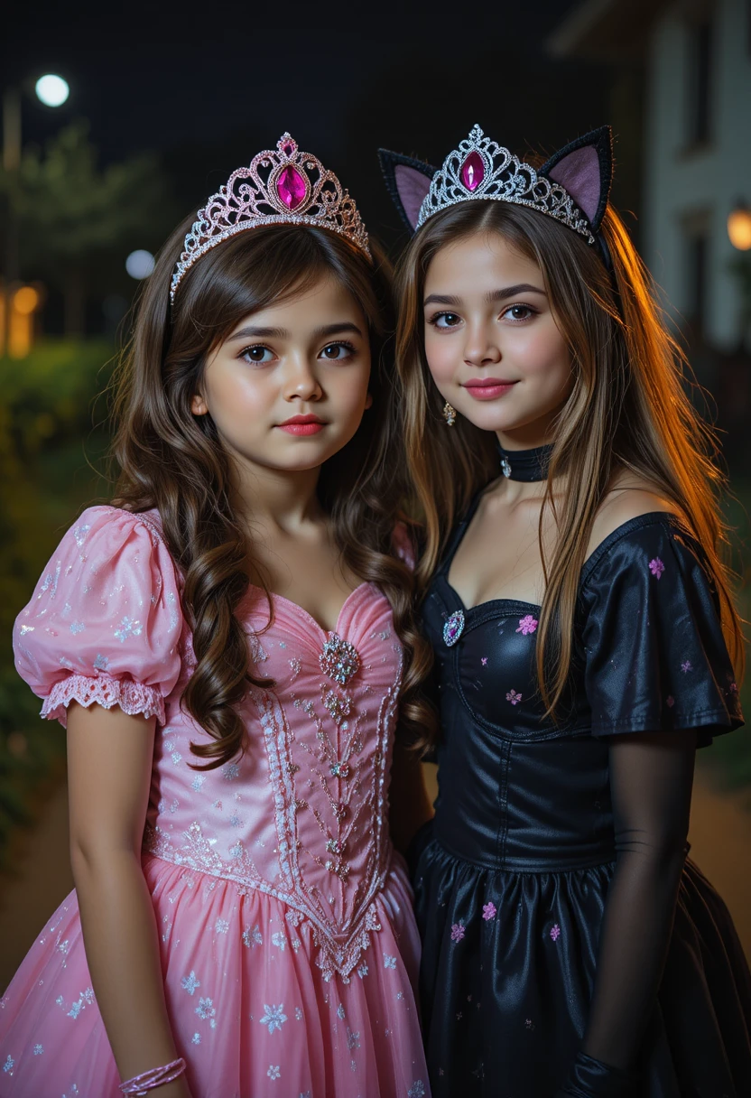 An embarrassed Hispanic boy wears a princess dress beside his sister at night