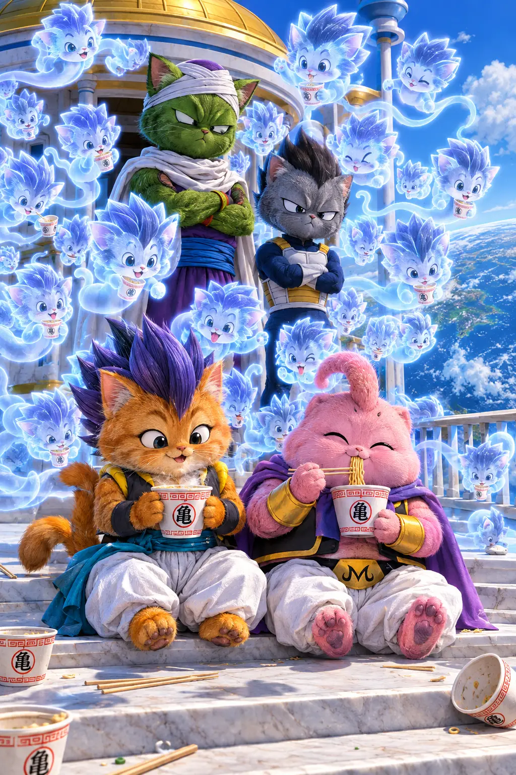 Híbridos de gatos chibi esponjosos sentados juntos en los escalones de un templo