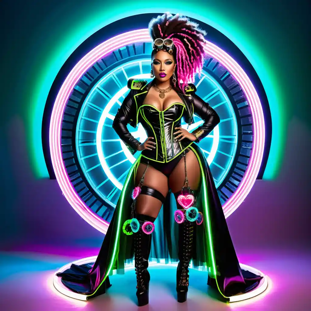 Mujer de cuerpo entero con trenzas arcoíris y atuendo steampunk surrealista