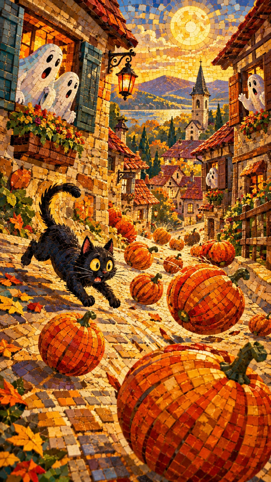 Un gato negro persigue calabazas rodantes por un pintoresco pueblo