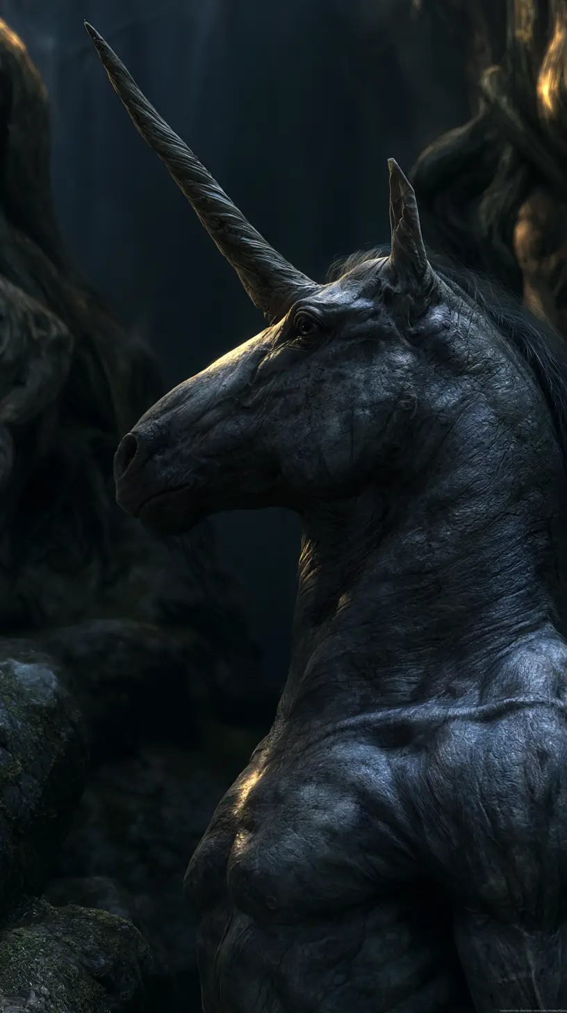A Horse-Headed Humanoid with a Spiral Horn Stands in a Forest