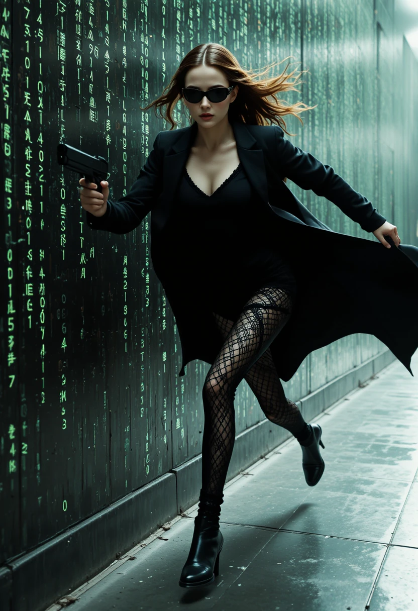 A woman runs horizontally along a wall covered in code