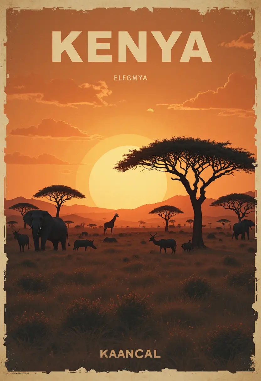 Kenya travel poster depicts savannah wildlife at dawn