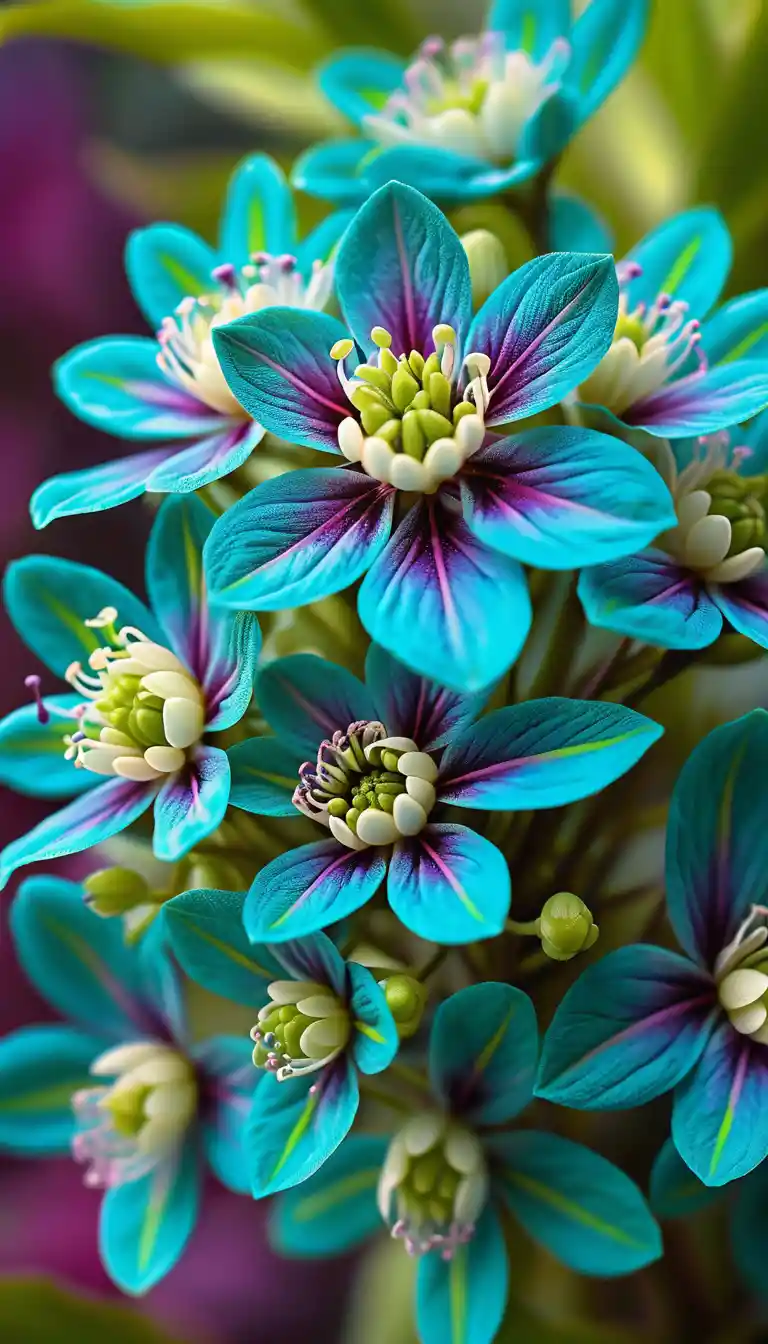 Un fiore ramificato ricoperto di fiori a spirale turchesi e viola