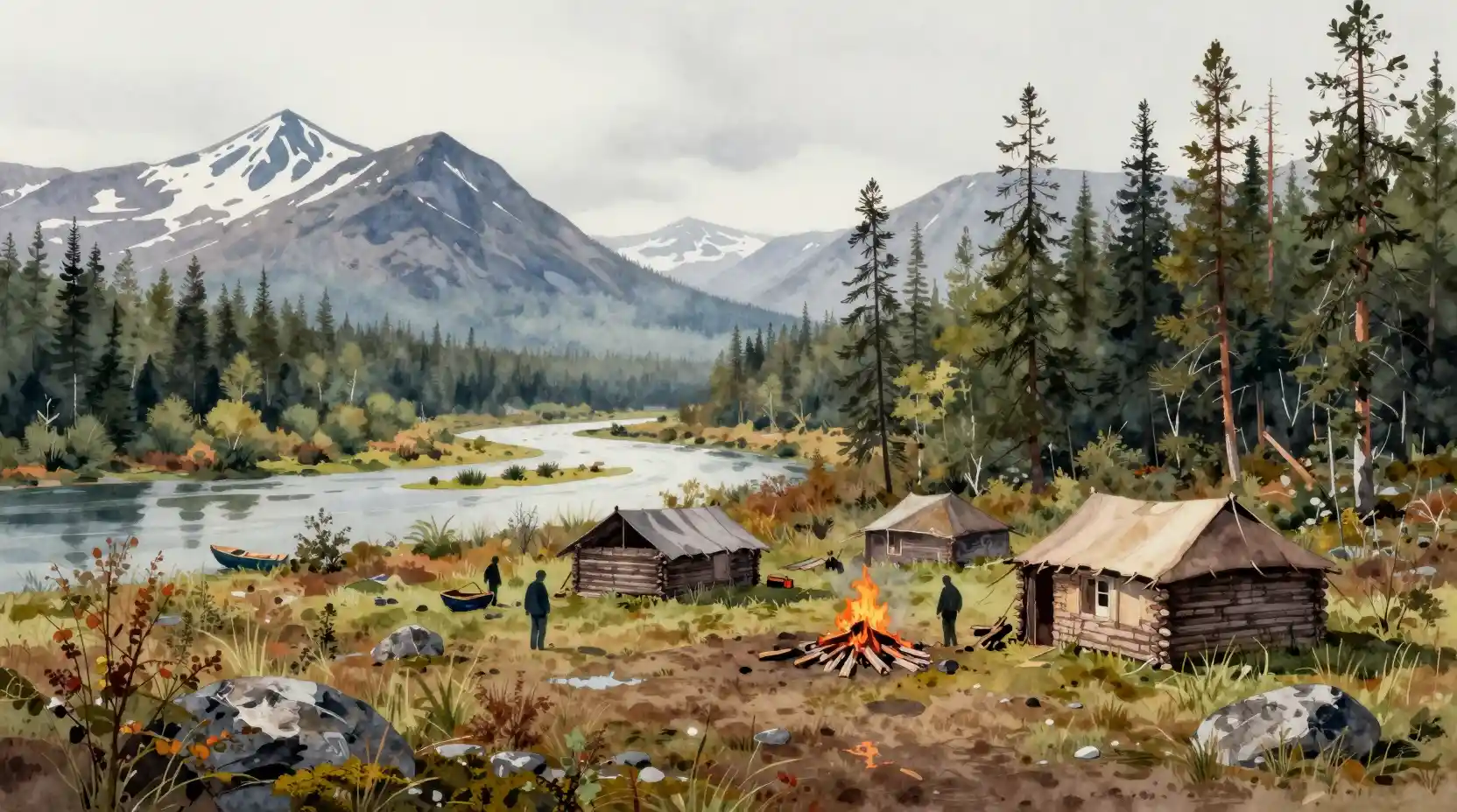 A Siberian taiga camp with round tents, firewood, and a river