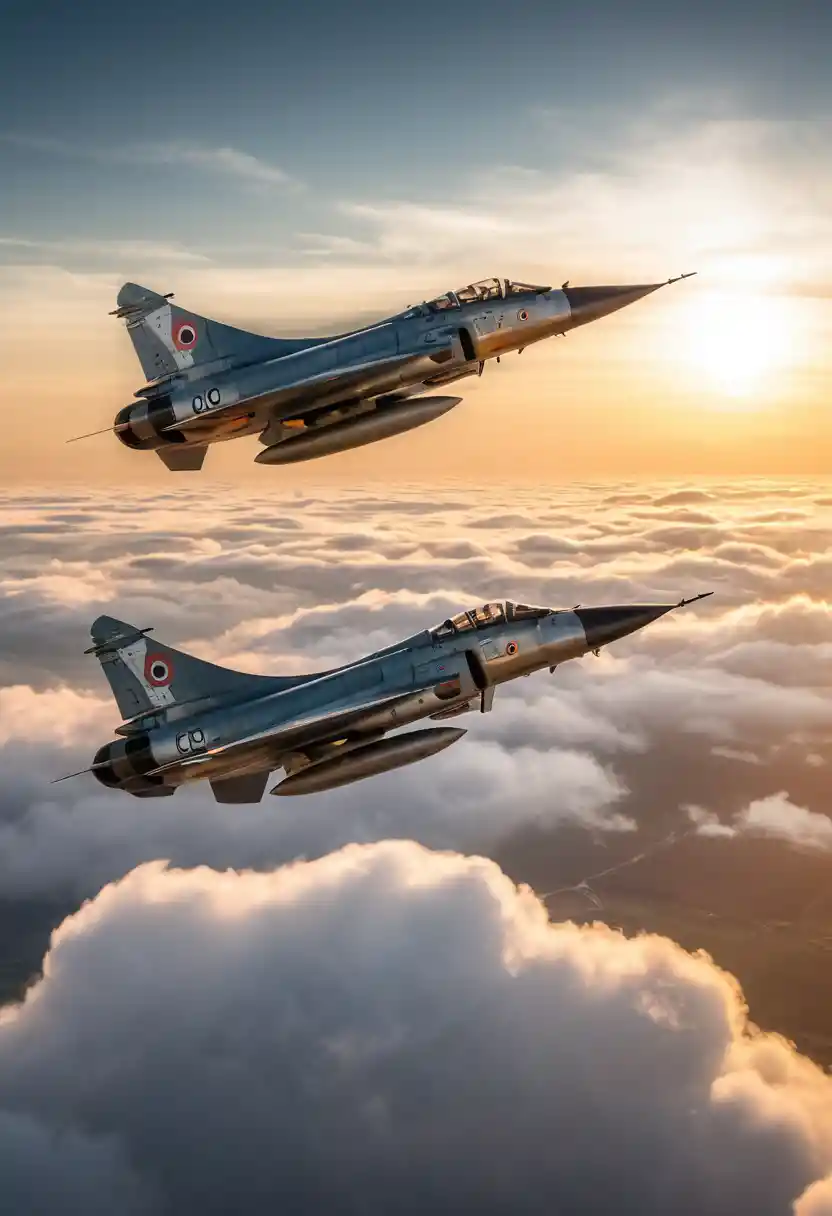 Two Mirage III fighters soar above the clouds at golden hour