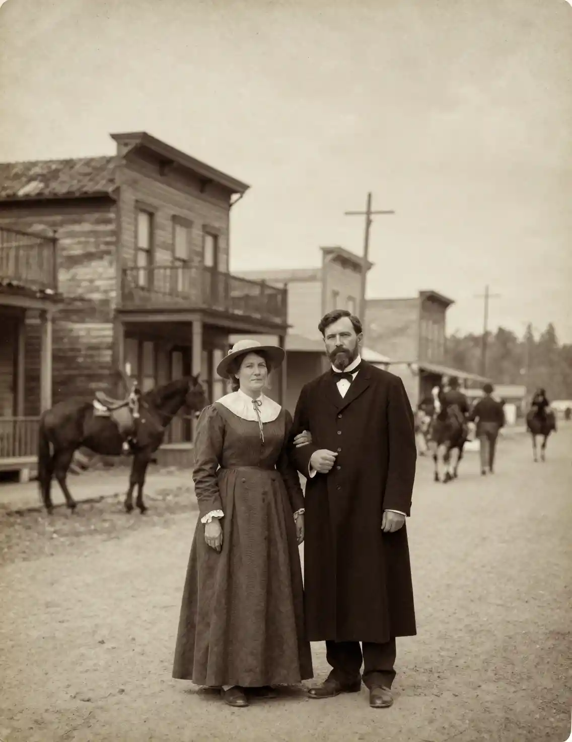 Un reverendo y su esposa posan en la calle principal de un pueblo fronterizo