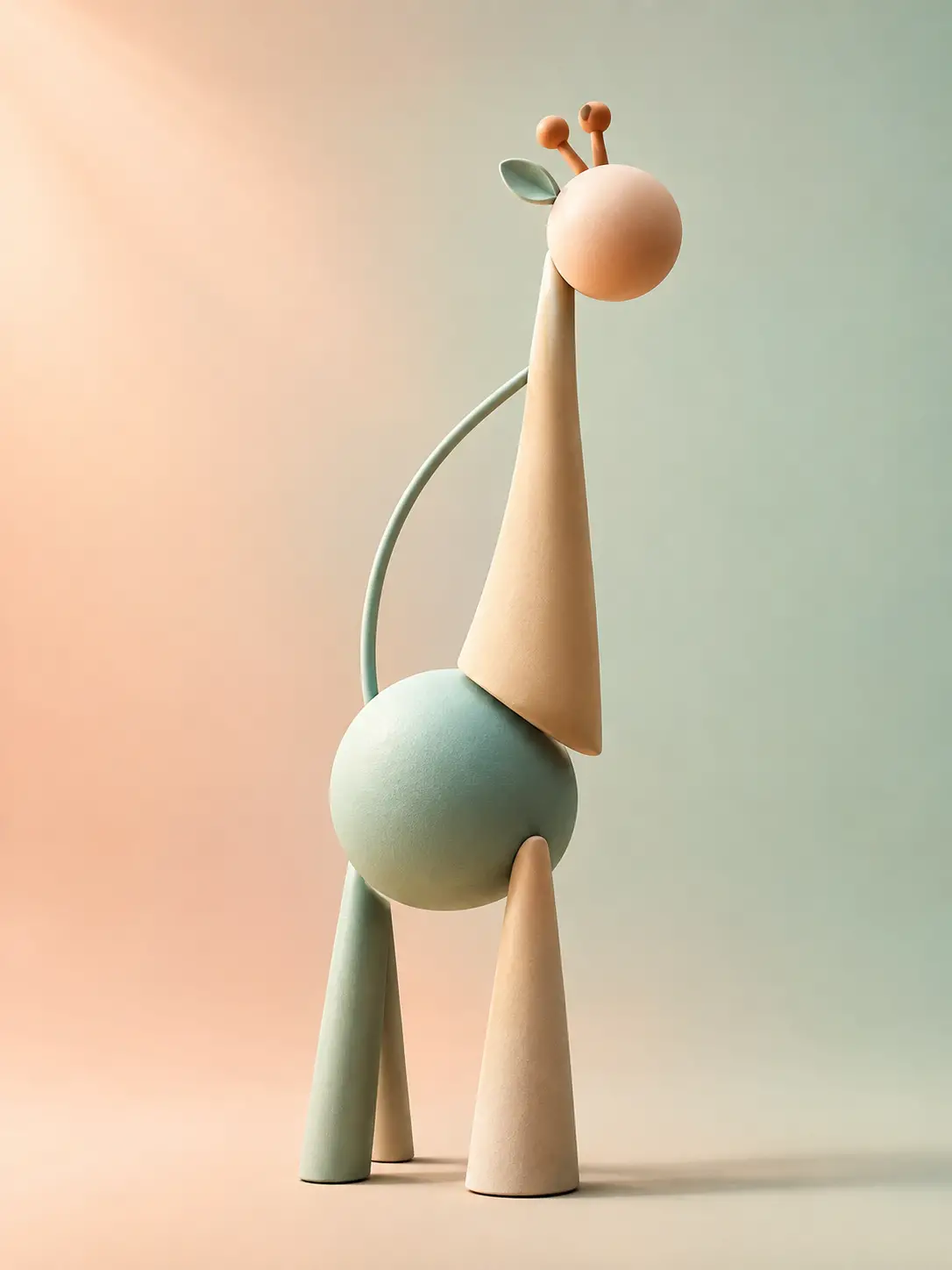 A playful abstract sculpture balances geometric forms into a giraffe-like shape